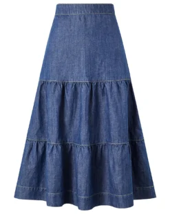 Monsoon Hemp Denim Tiered Midi Skirt
