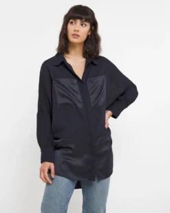 Navy Satin Mix Shirt