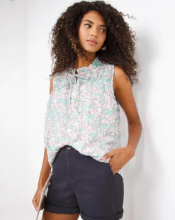 Sleeveless Shirred Yoke Lurex Top