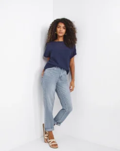 Navy Textured Spot Woven Tee With Cami