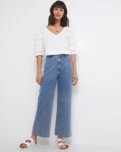 White Broderie Sleeve Detail V-Neck Top -Cheap Vextalia Store w01vg730757w