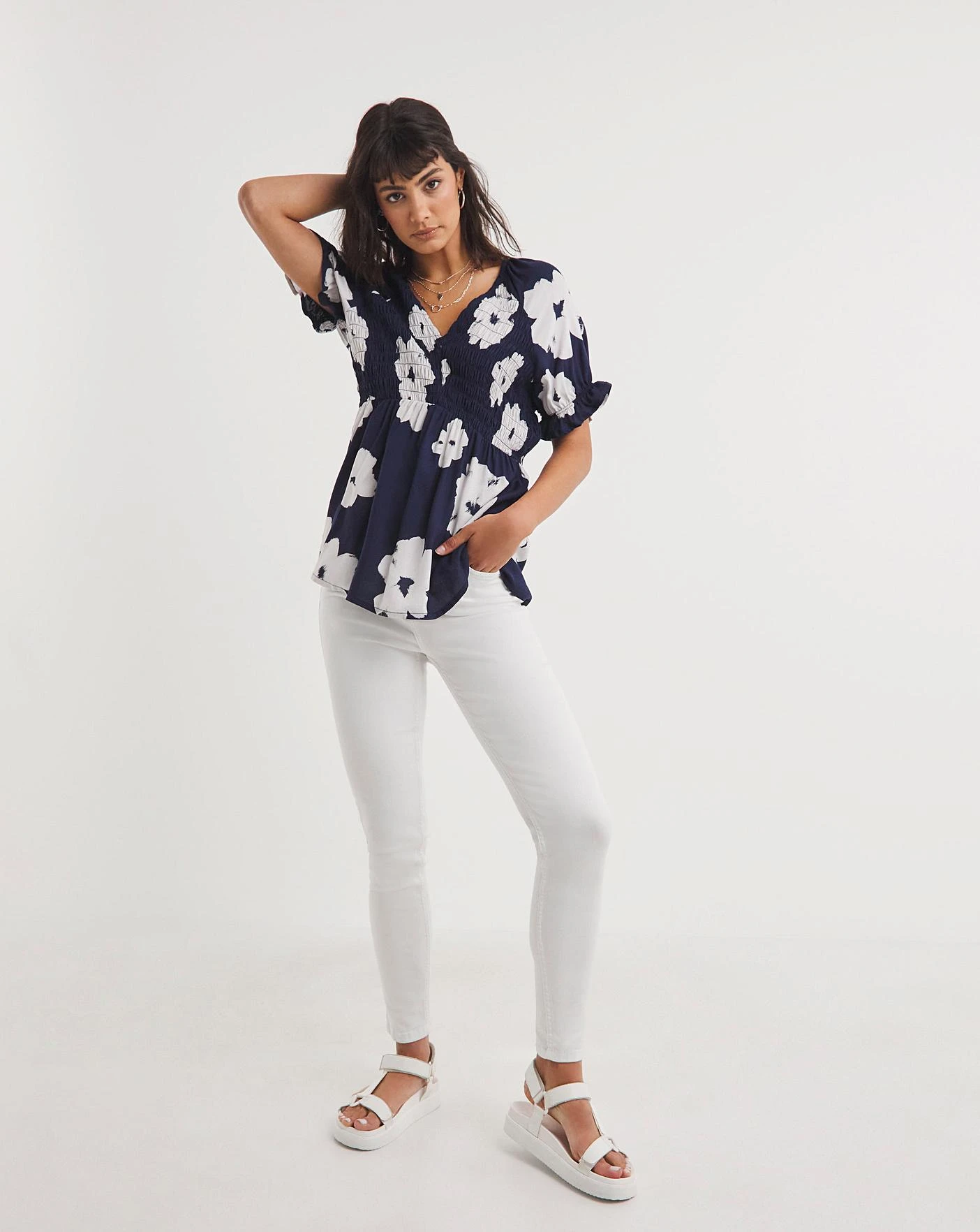 White Floral Shirred Bodice Top 1 White Floral Shirred Bodice Top