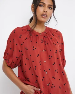 Spot Print Collarless Blouse -Cheap Vextalia Store x01bm352726w