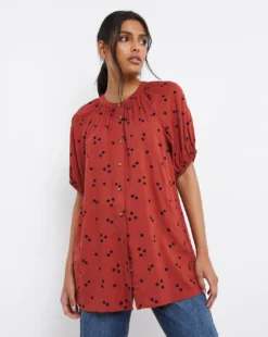 Spot Print Collarless Blouse -Cheap Vextalia Store x01bm352727w