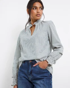 Blue Stripe Pleat Sleeve Blouse