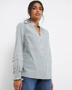Blue Stripe Pleat Sleeve Blouse -Cheap Vextalia Store x01bm551741w