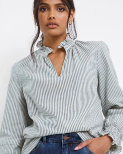 Blue Stripe Pleat Sleeve Blouse -Cheap Vextalia Store x01bm551743w