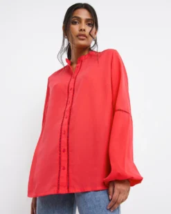Coral Ladder Trim Collarless Blouse