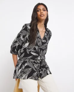 Black Print Drawstring Shirt