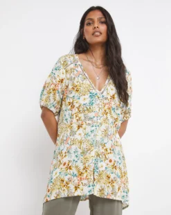 Multi Floral Ladder Trim Crinkle Top