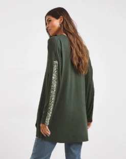 Forest Green Sequin Trim Knit Look Tunic -Cheap Vextalia Store x01cm153705w