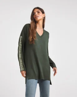 Forest Green Sequin Trim Knit Look Tunic -Cheap Vextalia Store x01cm153706w