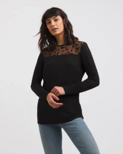 Floral Flock Mesh Button Back Detail Top