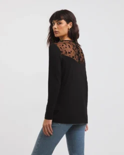 Floral Flock Mesh Button Back Detail Top -Cheap Vextalia Store x01fz487728w