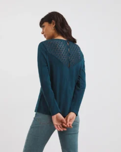 Dark Teal Crochet Back Long Sleeve Top -Cheap Vextalia Store x01fz676729w