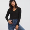 Ruched Shoulder Black Long Sleeve Top