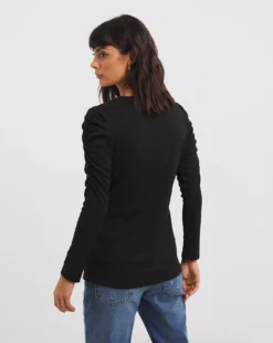 Ruched Shoulder Black Long Sleeve Top -Cheap Vextalia Store x01fz685728w