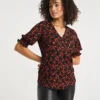 Printed Crinkle 3/4 Sleeve V Neck Top