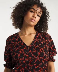 Printed Crinkle 3/4 Sleeve V Neck Top -Cheap Vextalia Store x01fz708707w