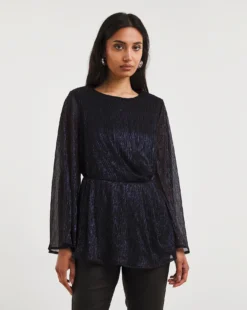 Joanna Hope Wrap Metallic Plisse Blouse