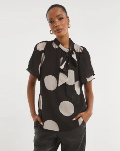 Joanna Hope Spot Tie Neck Ruffle Blouse