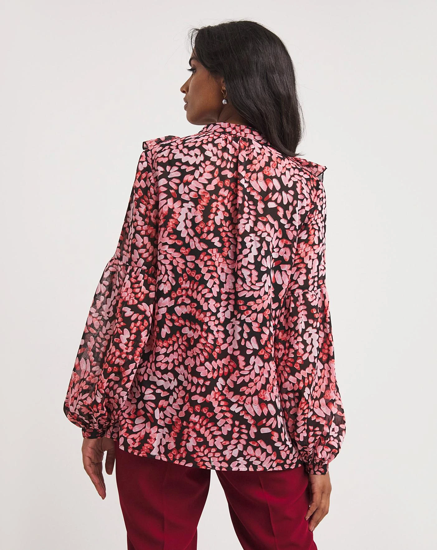 Pink Print Frill Trim Tie Neck Blouse 2 Pink Print Frill Trim Tie Neck Blouse - Image 2