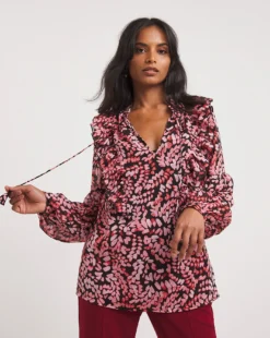 Pink Print Frill Trim Tie Neck Blouse