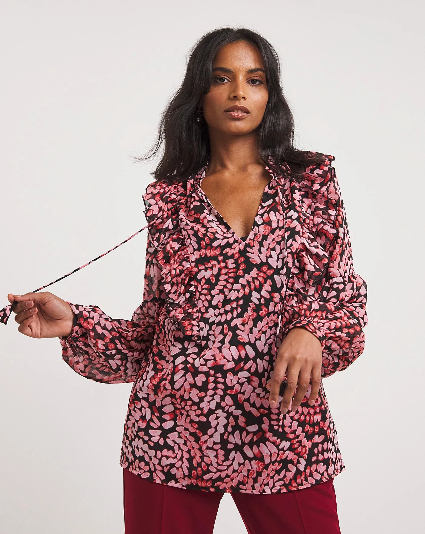 Pink Print Frill Trim Tie Neck Blouse 1 Pink Print Frill Trim Tie Neck Blouse