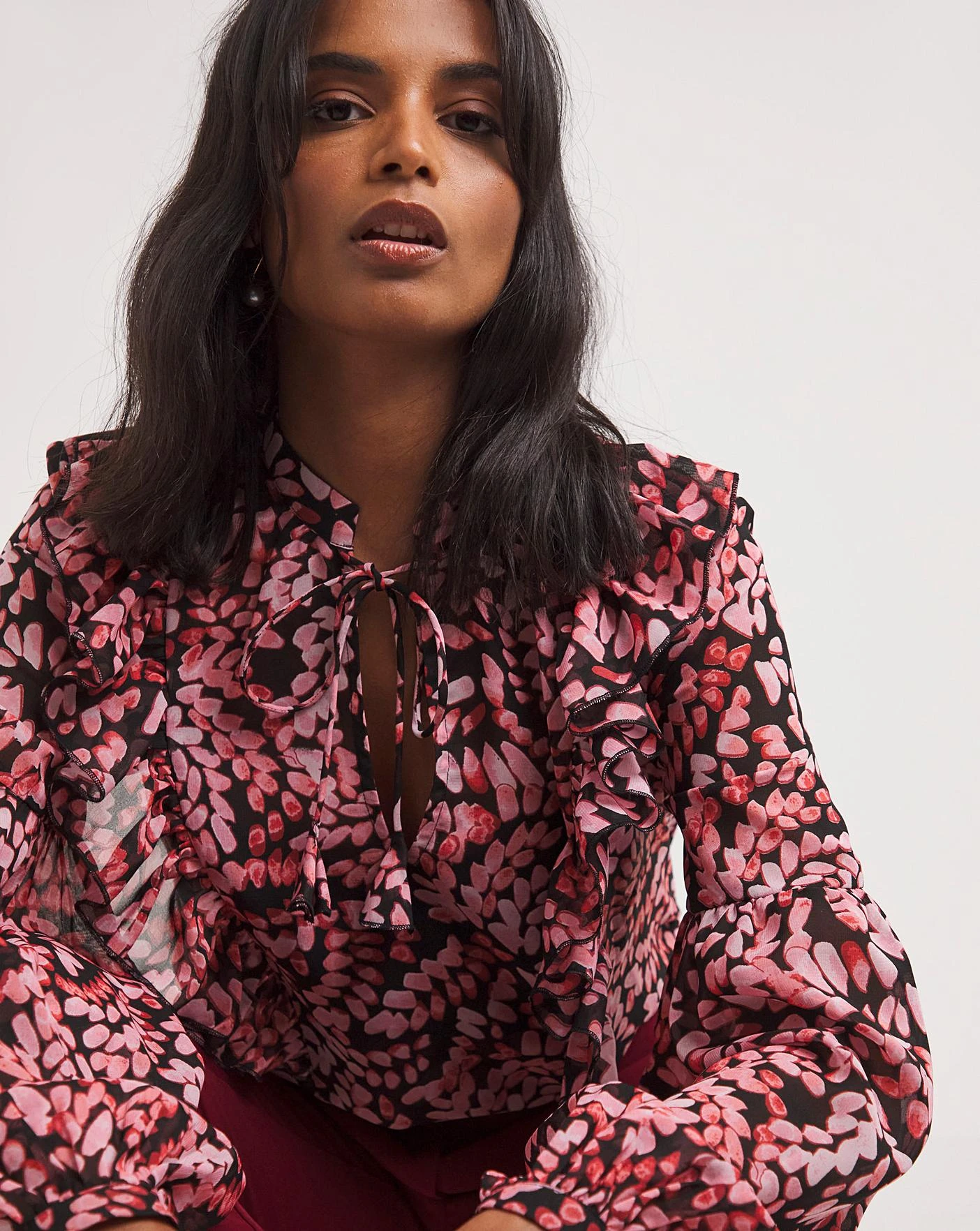 Pink Print Frill Trim Tie Neck Blouse 4 Pink Print Frill Trim Tie Neck Blouse - Image 4