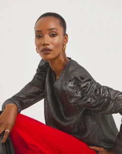 Pewter Ruched Sleeve Top -Cheap Vextalia Store x01tu156720w