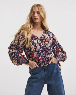 Mixed Print Volume Cuff Blouse