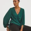 Ruched Front Balloon Sleeve Satin Top