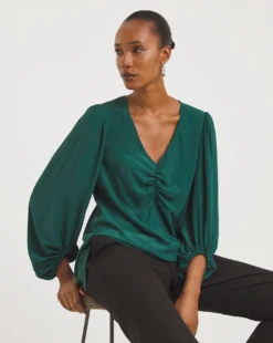 Ruched Front Balloon Sleeve Satin Top