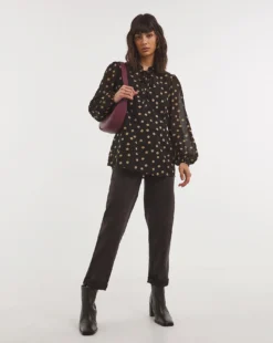 Ruched Sleeve Half Placket Tie Neck Top