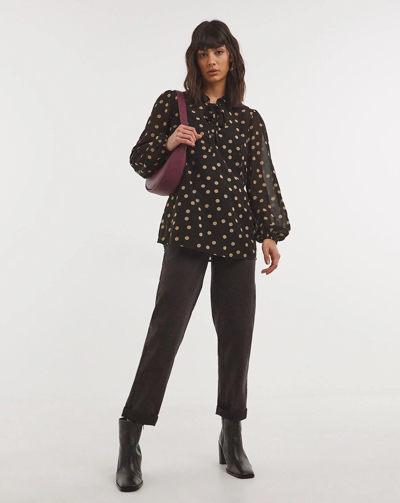 Ruched Sleeve Half Placket Tie Neck Top 1 Ruched Sleeve Half Placket Tie Neck Top