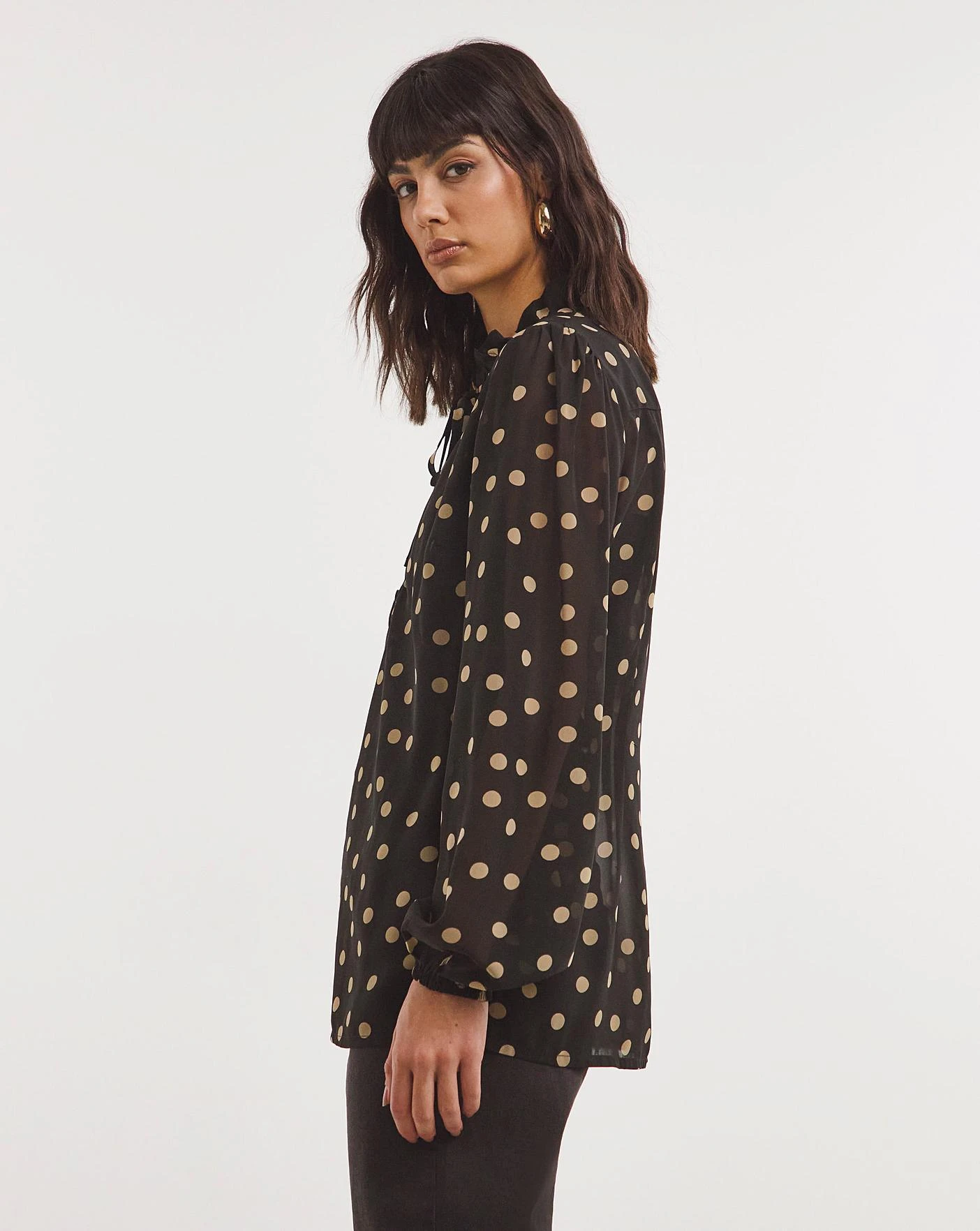 Ruched Sleeve Half Placket Tie Neck Top 3 Ruched Sleeve Half Placket Tie Neck Top - Image 3