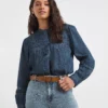 Mid Blue Lace Insert Denim Blouse