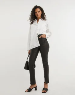 Black Coated Splitfront Hem Slim Jeans