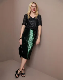 Pull On Sequin Midi Pencil Skirt