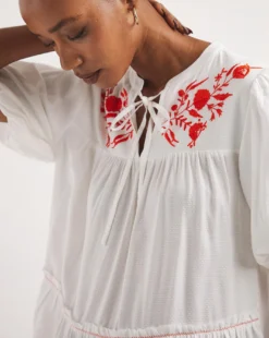 Embroidered Yoke Puff Sleeve Top -Cheap Vextalia Store y01gp185727w