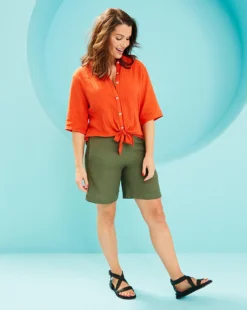 Khaki Linen Mix Knee Length Shorts