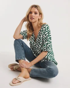 Lace Insert Collarless Blouse