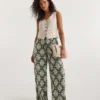 Khaki Print Pull On Wide Leg Trousers