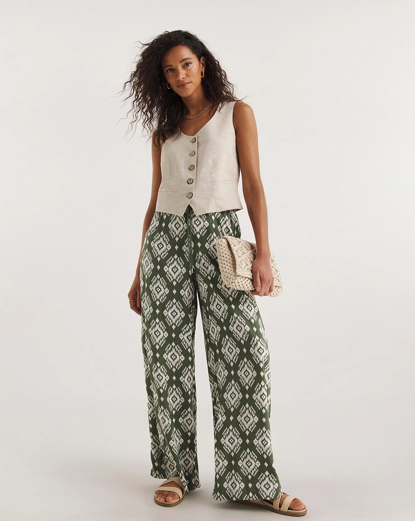Khaki Print Pull On Wide Leg Trousers 1 Khaki Print Pull On Wide Leg Trousers