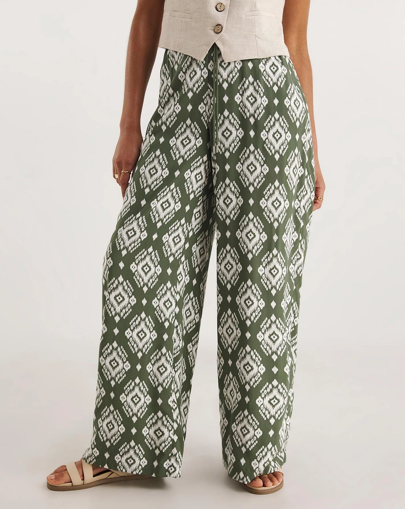Khaki Print Pull On Wide Leg Trousers 2 Khaki Print Pull On Wide Leg Trousers - Image 2