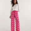 Pink Print Crinkle Wide Leg Trousers