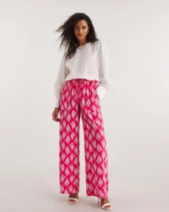 Pink Print Crinkle Wide Leg Trousers