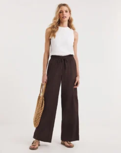 Chocolate Linen Mix Wide Leg Trousers