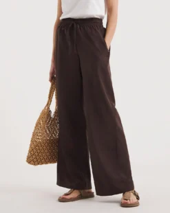 Chocolate Linen Mix Wide Leg Trousers -Cheap Vextalia Store y01gz419720w