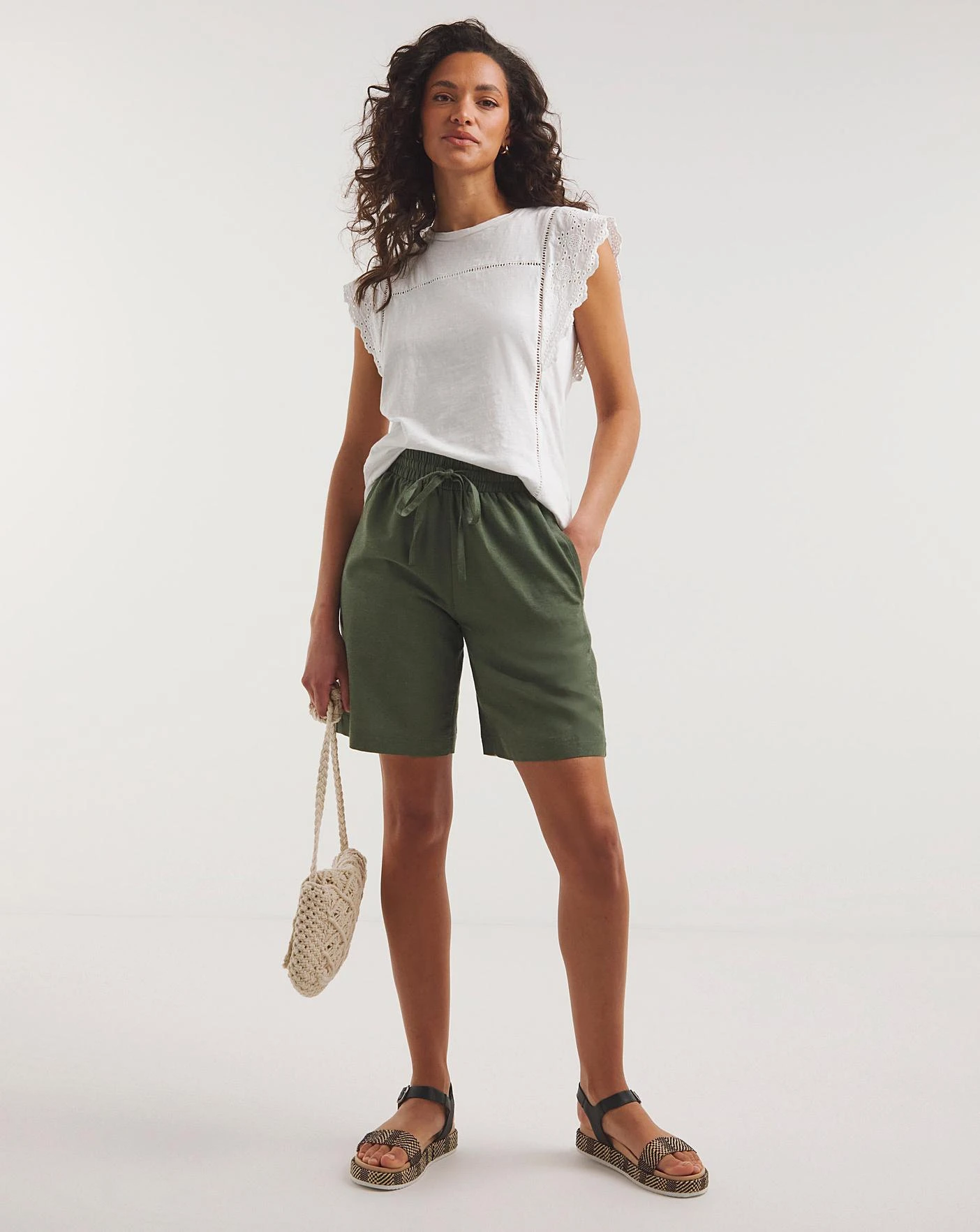 Khaki Linen Mix Knee Length Shorts 2 Khaki Linen Mix Knee Length Shorts - Image 2